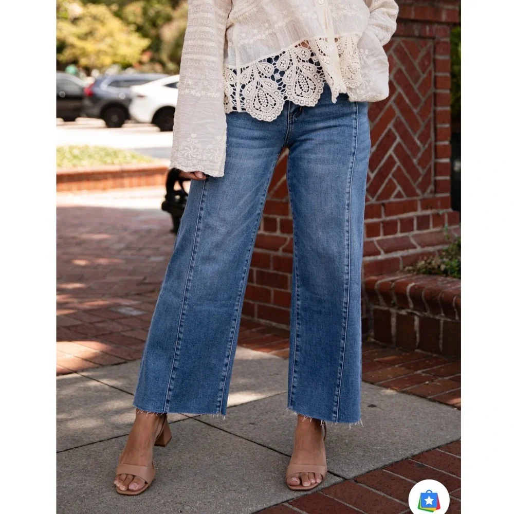 VERVET | Brielle Medium Wash High-Rise Wide Leg Crop Raw Hem Denim Jeans, 27 - Picture 11 of 11